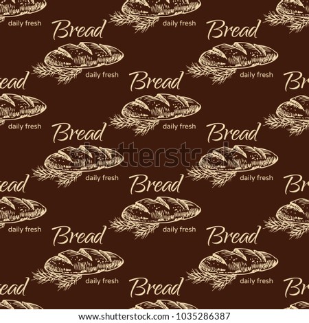 Vintage bakery sketch style seamless pattern. Set of fresh bread. Hand drawn illustration of bread  and bakery product. Bakery hand drawn backgrownd. Vector brown and  white engraving  illustration.