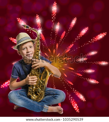teenager playing saxophone on background of fireworks