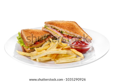 Sandwich with French fries and ketchup, barbecue sauce. Side view. Serving, serving for a cafe, a restaurant in the menu. Isolated, white background Royalty-Free Stock Photo #1035290926