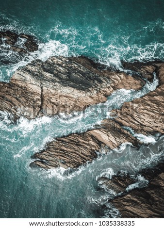 Aerial of coastal rocks, UK