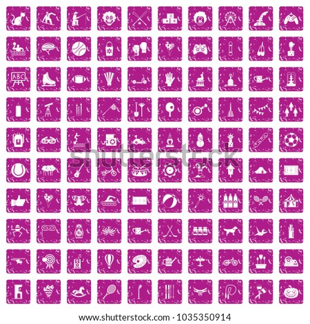 100 kids activity icons set in grunge style pink color isolated on white background vector illustration