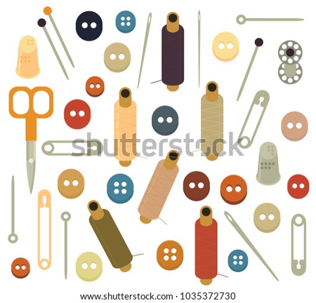 Collection set icon of sets Sewing equipment, dressmaking and needlework accessories icons set with coils of threads, pins,tape measure, scissors and buttons. Fashion industry, clothing, sewing.