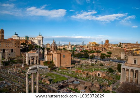 picture postcards from ancient Rome, Italy.  a view of ruins of ancient buildings  and artifacts erected by ancient roman people