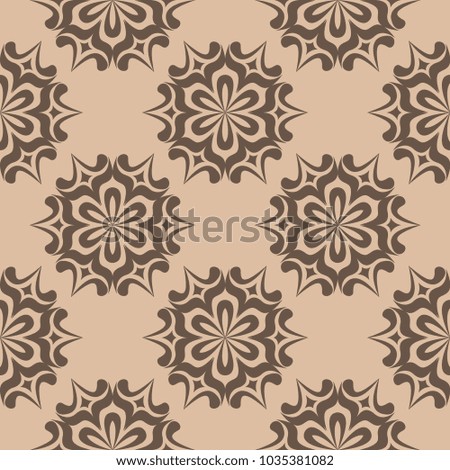 Dark brown floral ornament on beige background. Seamless pattern for textile and wallpapers