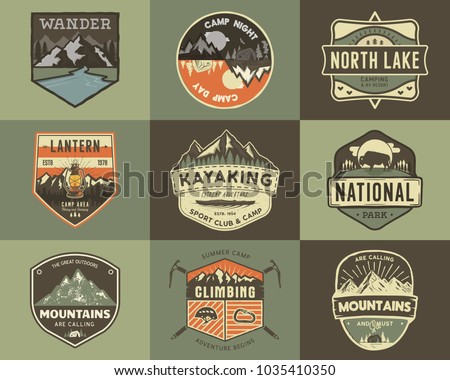 Set of vintage hand drawn travel badges. Camping labels concepts. Mountain expedition logo designs. Retro camp logotypes collection. Stock vector patches isolated. Royalty-Free Stock Photo #1035410350