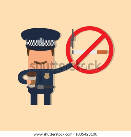 Police officer holding a no smoking sign and a coffee, vector illustration design. Police collection.