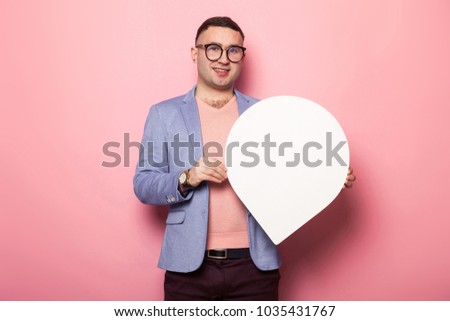 Handsome man in bright jacket with speech bubble