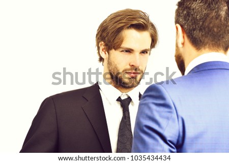 aggressive men in jacket speaking with businessman, business and friendship, boss and employee