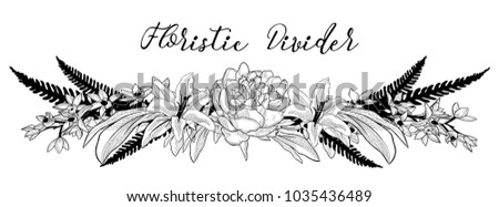 Black Hand Drawn Floral Divider, Line Border with Delicate Flowers and Leaves. Decorative Outlined Vector Illustration. Flower Design Elements.