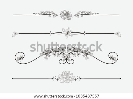 Black Hand Drawn Delicate Floristic Dividers, Line Borders with Branches, Plants, Flowers, Swirls and Scrolls. Decorative Outlined Vector Illustration. Floral Text Dividers