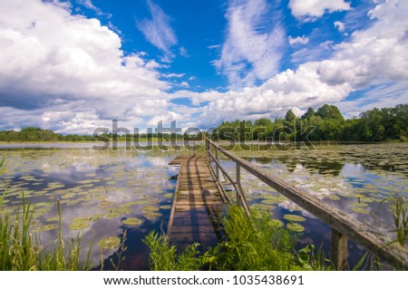lake with water lilies, summer clouds blue water and sky