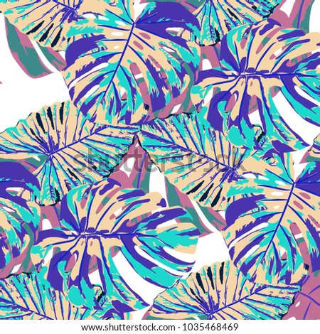 Tropical Pattern. Seamless Texture with Bright Hand Drawn Leaves of Exotic Tree. Summer Rapport for Print, Textile, Swimwear. Vector Seamless Background with Tropic Plants. Watercolor Effect.