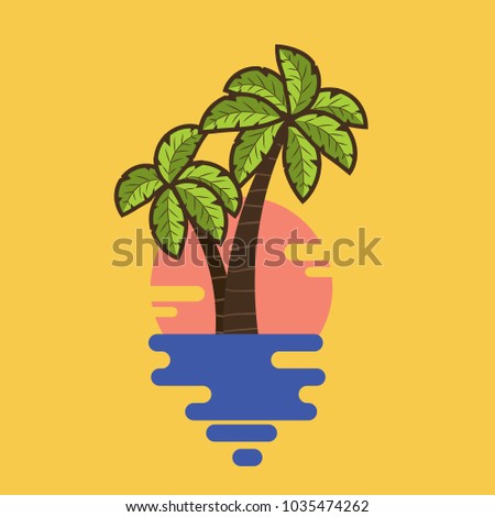 Cartoon palms with tropical leaves. Sunset background