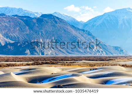 Hunder sand dunes in Ladakh Jammu & Kashmir, India. Stunning silver sand dunes of Hunder in the Nubra Valley region located in Ladakh, India. Nubra Valley is famous for its Camel Safari in sand dunes. Royalty-Free Stock Photo #1035476419