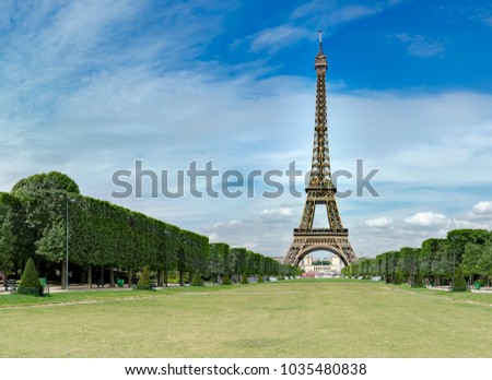 Eiffel Tower from Champ de Mars, Paris, France. Beautiful Romantic background, no people