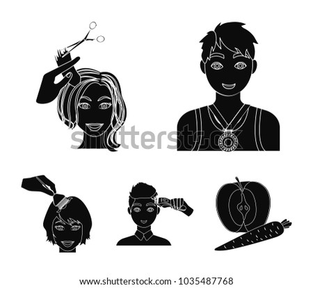 Athlete with a medal, a haircut with an electric typewriter and other web icon in black style. Women's haircut, hair coloring in the hairdresser's icons in set collection.