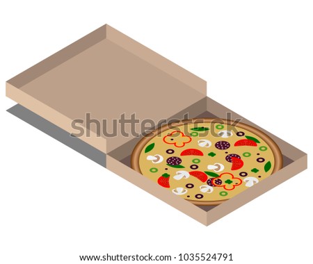 Pizza with mushrooms, sausage, salami, tomatoes and greens in box