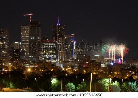 Denver night skyline with fireworks