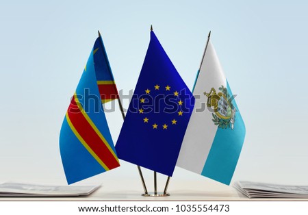 Flags of Democratic Republic of the Congo (DRC, DROC, Congo-Kinshasa) European Union and San Marino