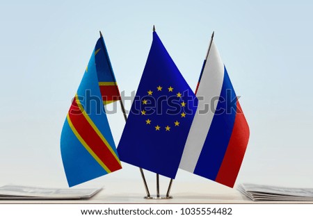 Flags of Democratic Republic of the Congo (DRC, DROC, Congo-Kinshasa) European Union and Russia