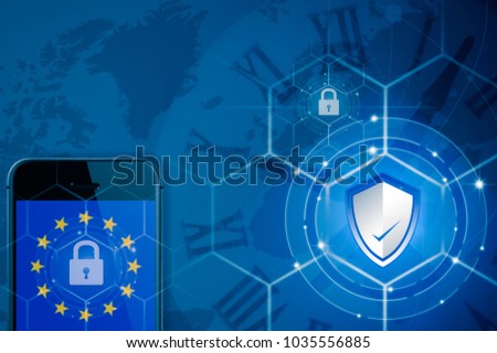 Padlock over smartphone and EU flag inside mobile phone and EU map, symbolizing the EU General Data Protection Regulation or GDPR. Designed to harmonize data privacy laws across Europe.