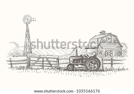 Rustic farm landscape hand drawn illustration. Vector.  Royalty-Free Stock Photo #1035566176