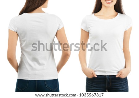 Front and back views of young woman in stylish t-shirt on white background. Mockup for design Royalty-Free Stock Photo #1035567817