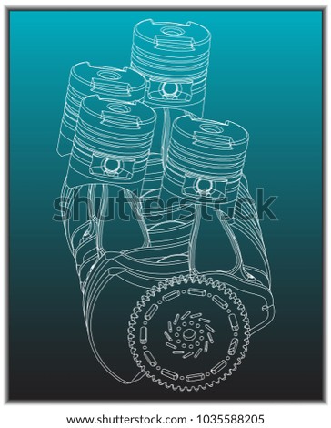 Machine building drawing. The car engine on a turquoise background. 3d