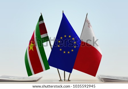 Flags of Suriname European Union and Malta
