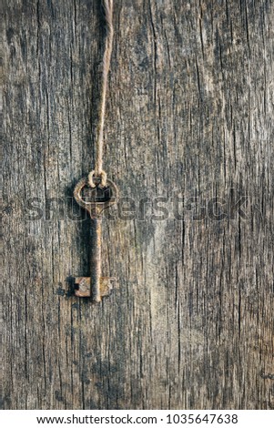 Old key vintage on abstract rustic wooden background. Security concept, private symbol. copy space. top view