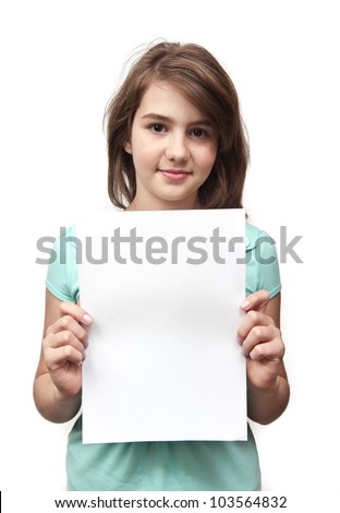 A young beautiful teen girl with the paper in hand looking at camera