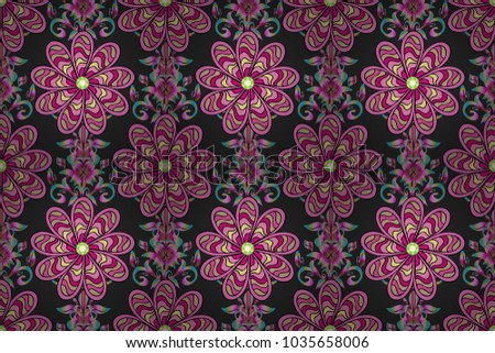 Floral seamless pattern background. Flowers on gray, pink and black colors. Flower painting raster for t shirt printing.