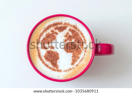 day of the earth red cappuccino cup with a drawing of the planet earth on milk foam Royalty-Free Stock Photo #1035680911