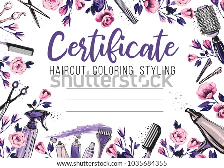 Hair cut and rose flower. Hairdressing business card, certificate or gift voucher, flyer. Beautiful illustration in watercolor style on white background Royalty-Free Stock Photo #1035684355
