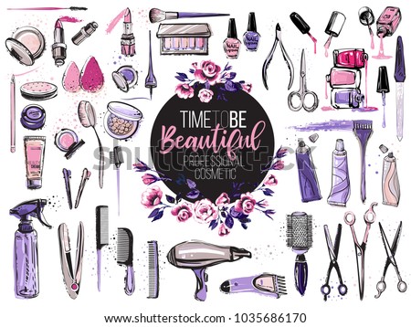Hair cut, manicure, makeup, hair coloring, hairdressing, styling professional beauty tools and equipment big set. Beautiful fashion illustration in watercolor style isolated on white background Royalty-Free Stock Photo #1035686170