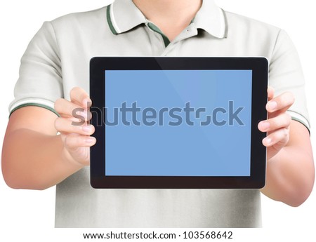 Business man holding and shows tablet isolated on white background