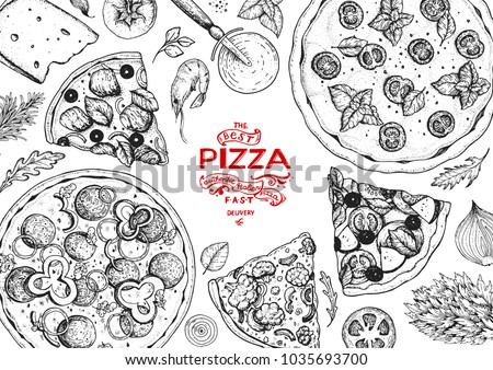 Italian pizza and ingredients top view frame. Italian food menu design template. Vintage hand drawn sketch, vector illustration. Engraved style illustration. Pizza label for menu. Royalty-Free Stock Photo #1035693700