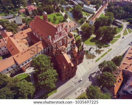 St. Annes church in Vilnius aerial view - St. Anne's and Bernardine Church drone photo - Vilnius Old Town 