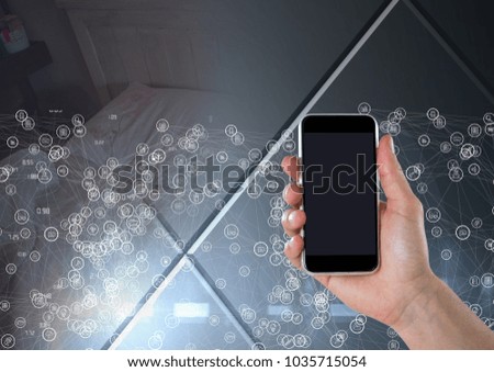 Digital composite of Hand holding phone with connectors over transition