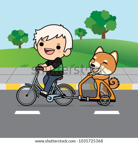 Cute cartoon character design Shiba Inu dog in Dog cart with a boy ridding bicycle in public park
