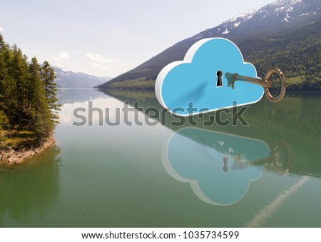 Digital composite of 3D Key opening cloud floating over mountain lake