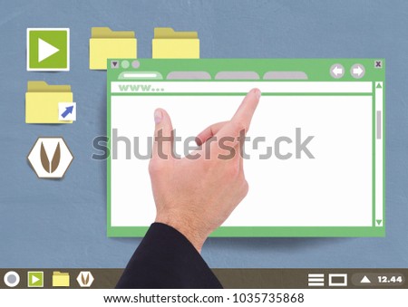 Digital composite of Hand touching Website window and Folder and files icons on Paper cut out desktop