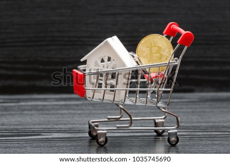 Shopping cart with white house and coin Bitcoin on a black background