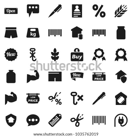Flat vector icon set - jar vector, pen, medal, personal information, muscule hand, shorts, cereals, no hook, weight, barcode, message, low price signboard, smart home, protect, new, open, percent