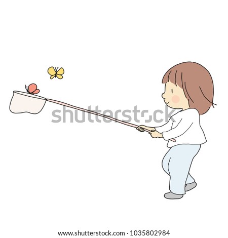 Vector illustration of kid catching colorful butterflies. Summer activity, outdoor play, happy children day, early childhood development, education & learning concept. Cartoon character drawing.