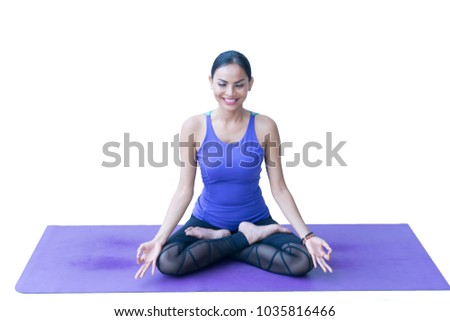 Beautiful woman meditates while practicing yoga. Freedom Beauty fitness woman doing exercises on isolate white background