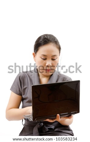 Business lady working with notebook isolated.