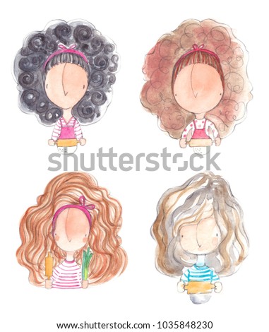Watercolor girls cooking with rolling pin collection on white background.