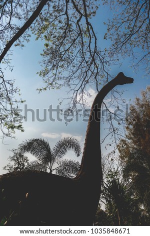 Dinosaur. Apatosarus model standing in the public park silhouette light.