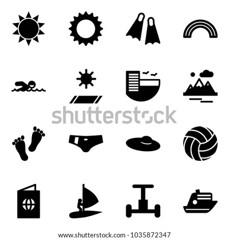Solid vector icon set - sun vector, flippers, rainbow, swimming, mat, hotel, mountains, feet, swimsuit, woman hat, volleyball, passport, windsurfing, gyroscope, cruiser